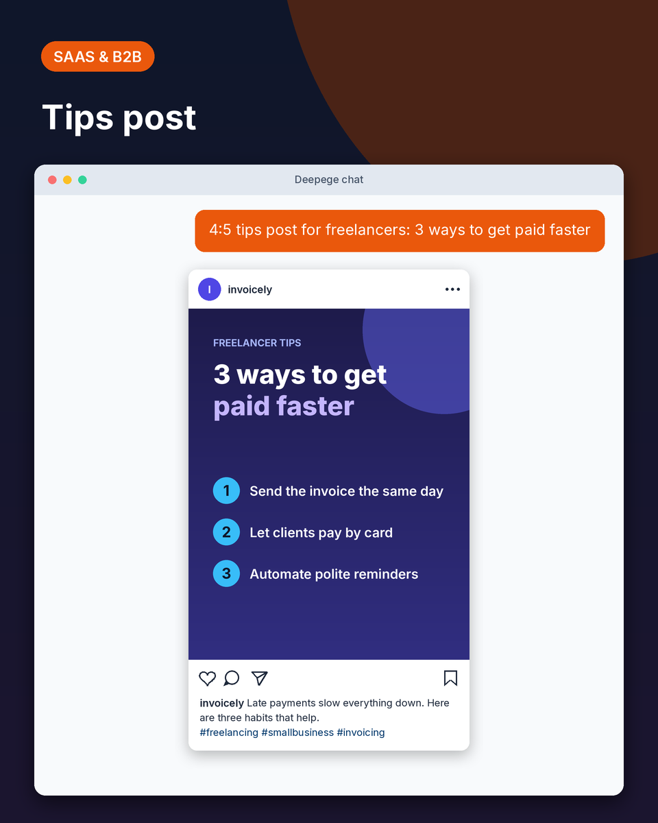 SaaS example: an indigo tips post titled 3 ways to get paid faster for freelancers, with caption