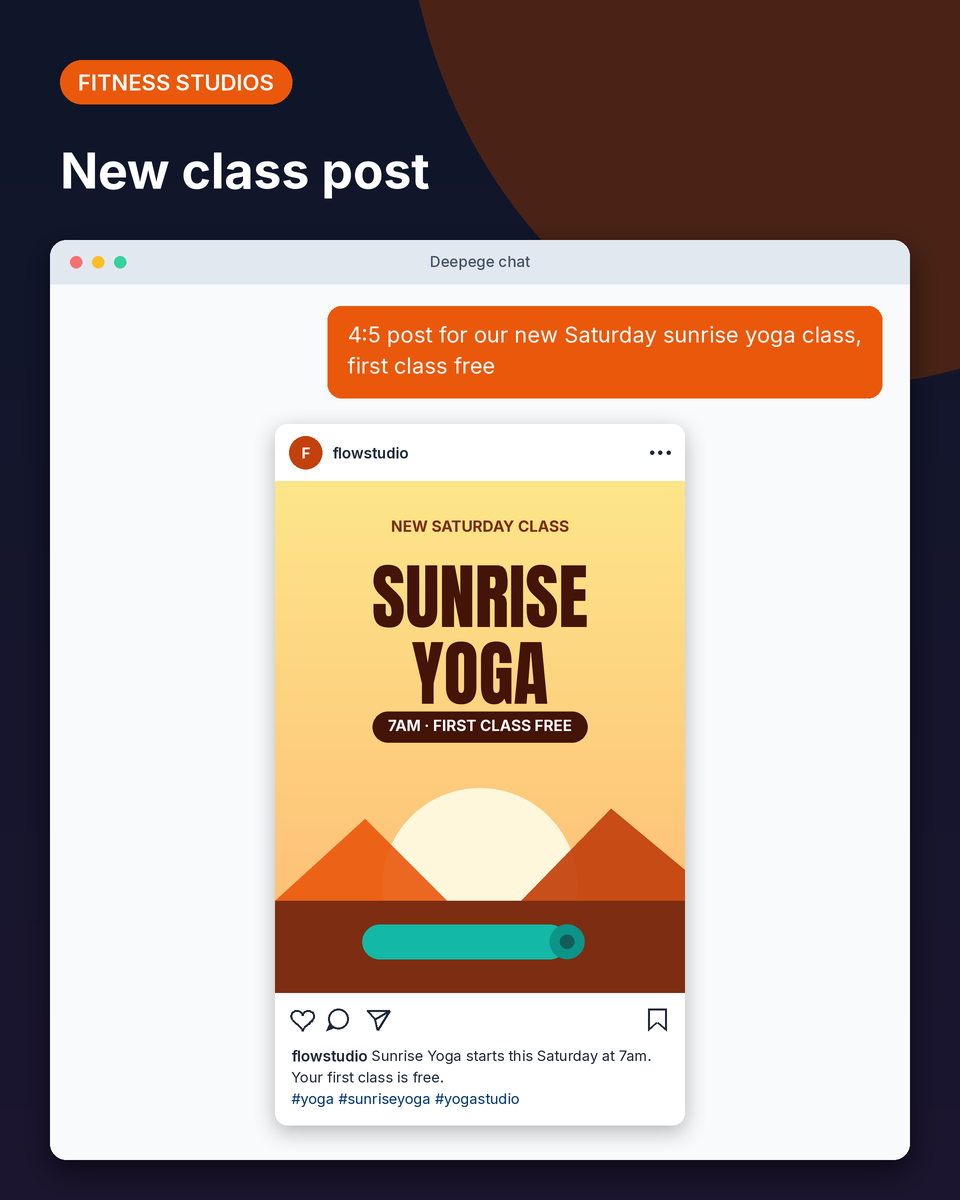 Fitness studio example: a Sunrise Yoga class post, 7am, first class free, with a short caption