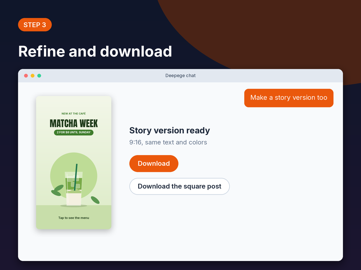 Step 3 mockup: a 9:16 story version of the Matcha Week post with download buttons