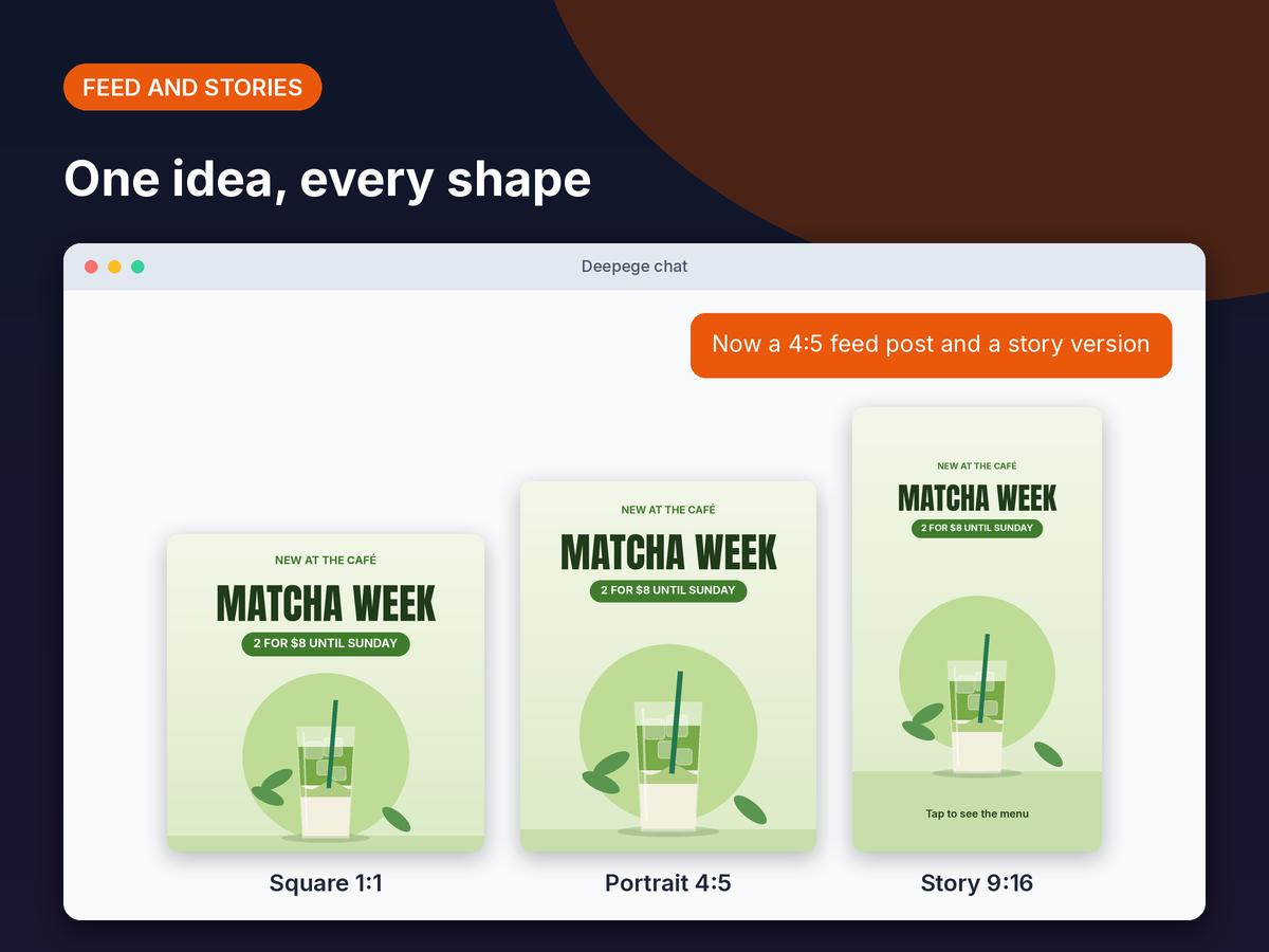 Mockup: the same Matcha Week design as a square post, a 4:5 portrait post and a 9:16 story