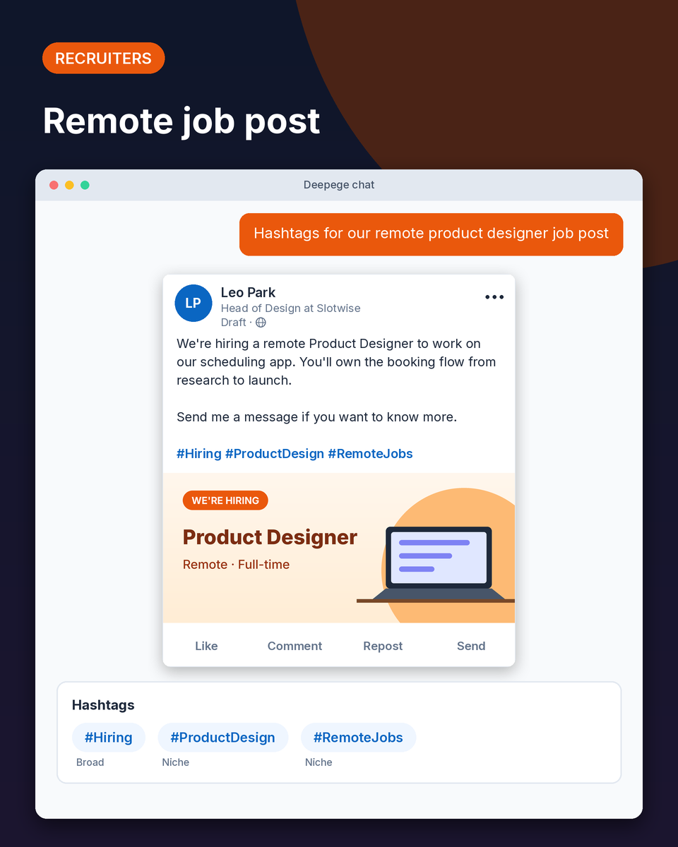 Hiring example: a remote product designer job post with the hashtags #Hiring, #ProductDesign and #RemoteJobs