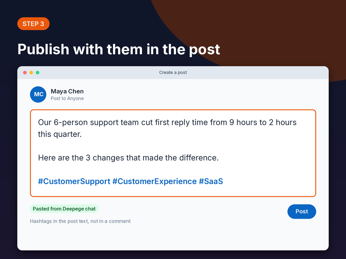 Step 3 mockup: the final LinkedIn post with the hashtags on the last line, ready to publish