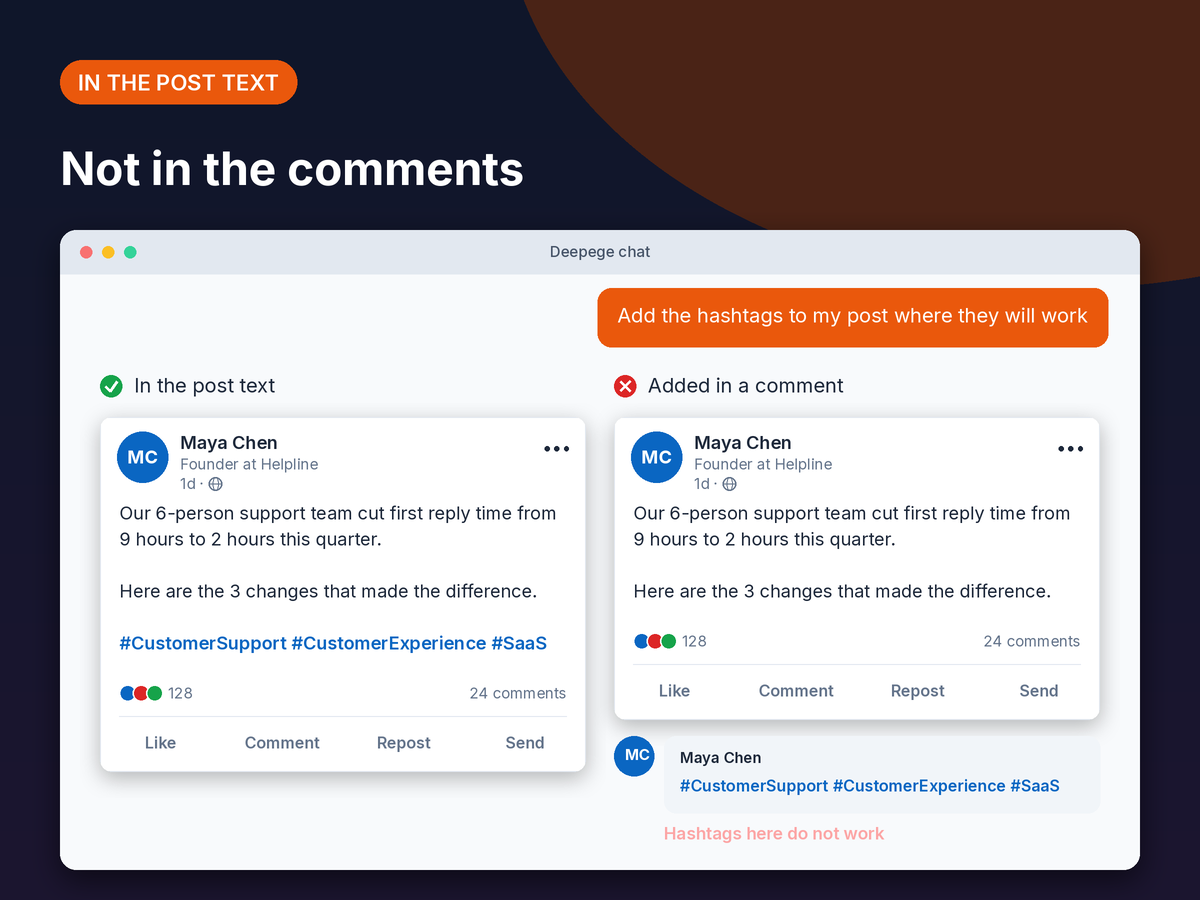 Mockup: hashtags placed in the post text marked correct, and hashtags added in a comment marked as not working