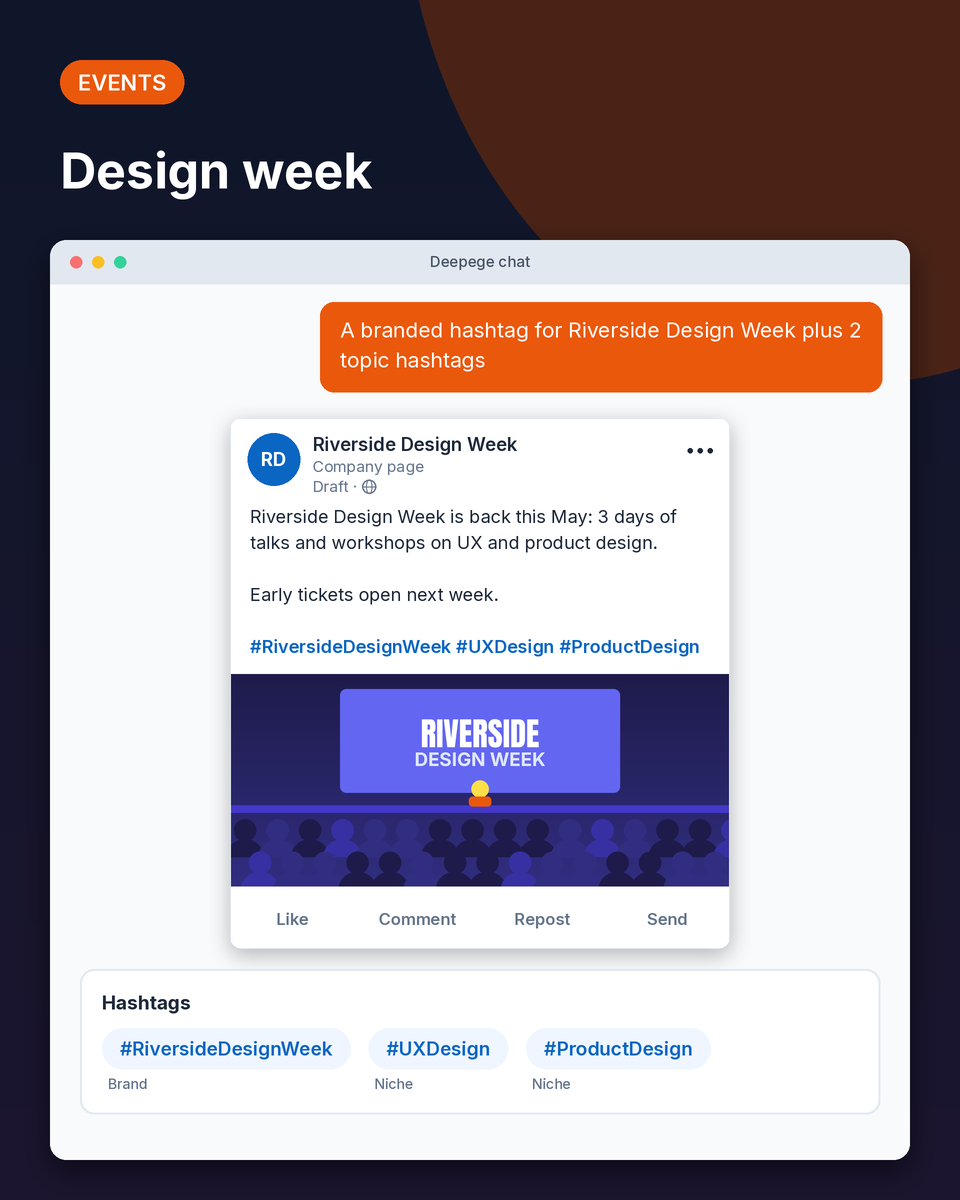 Event example: a design week post using a branded event hashtag plus two topic hashtags