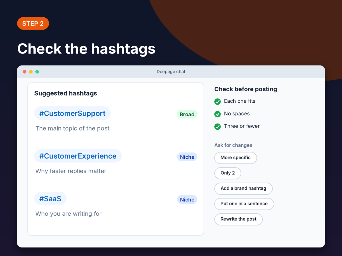 Step 2 mockup: three suggested hashtags with their type and buttons to ask for changes