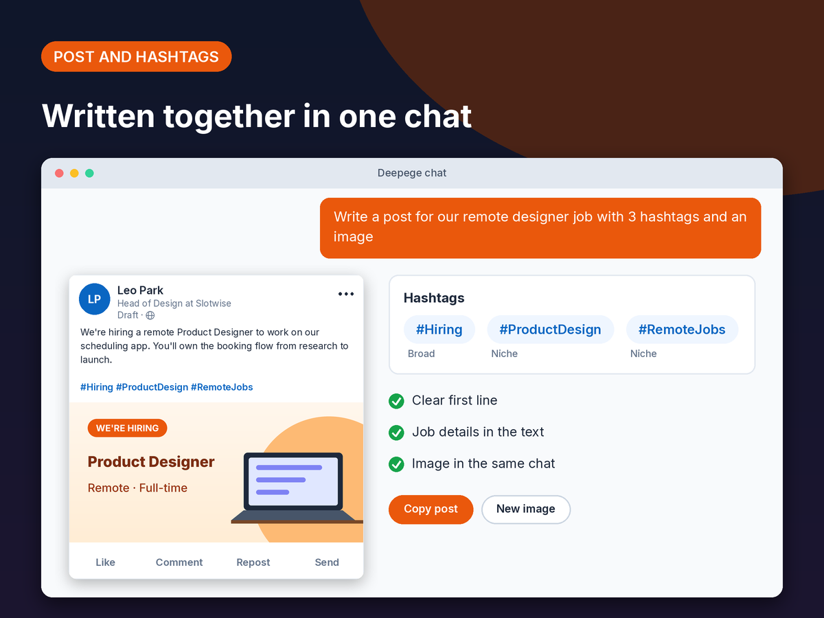 Mockup: a request to write a LinkedIn post and its hashtags together, with a hiring post and image as the result