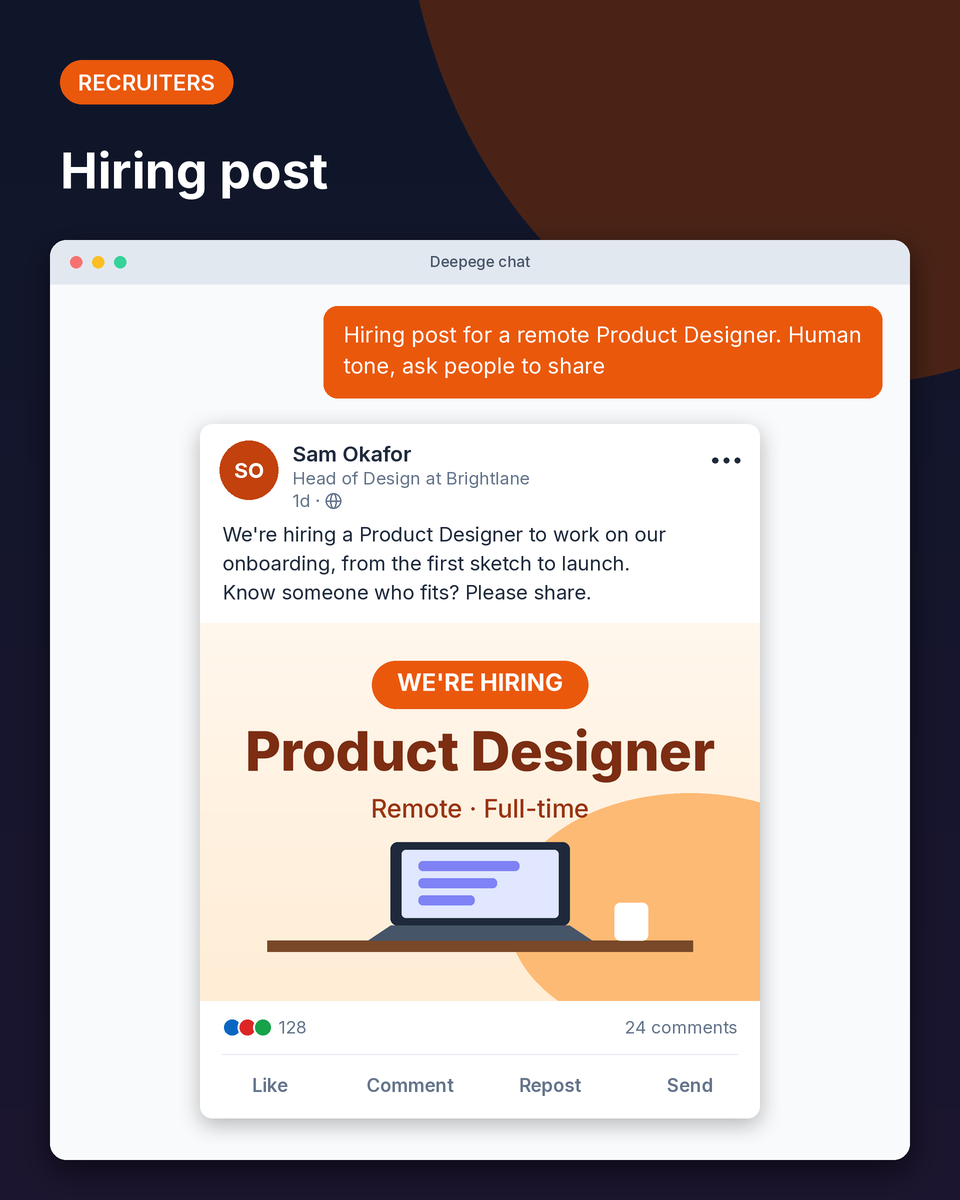 Hiring example: a LinkedIn post for a remote, full-time Product Designer role with a We're hiring image