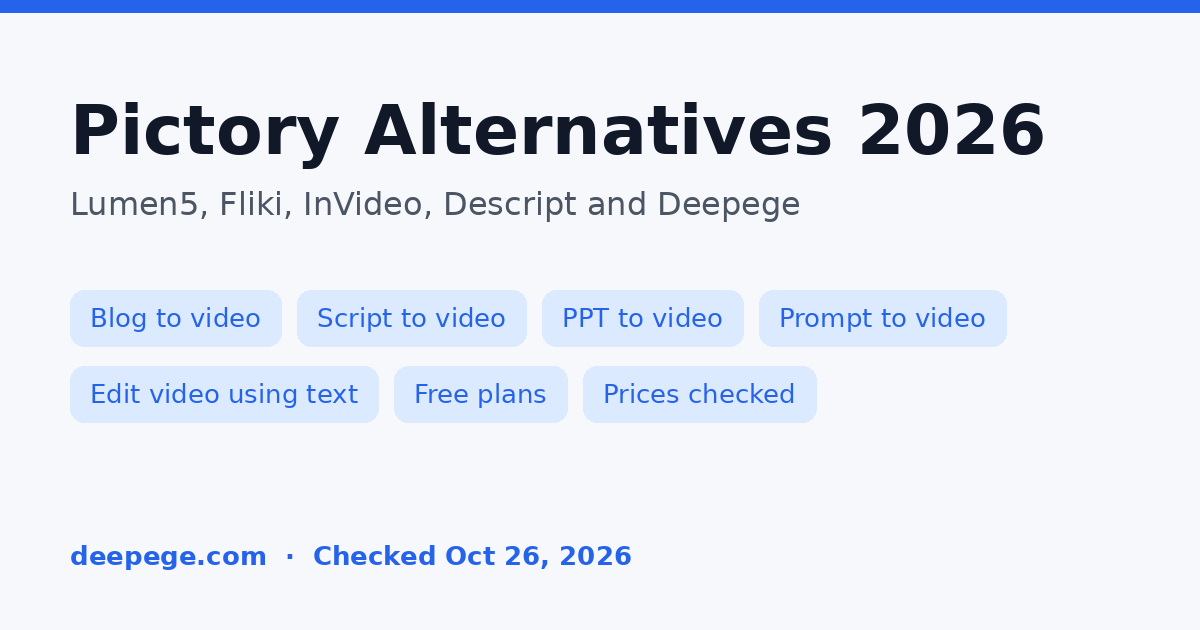 Pictory alternatives cover: Lumen5, Fliki, InVideo, Descript and Deepege for blog, script, PPT and prompt to video