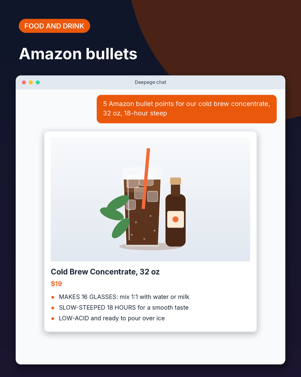 Food and drink example: a 32 oz cold brew concentrate listing with three Amazon-style bullet points