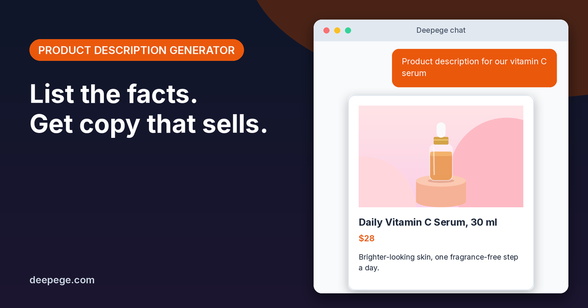 Deepege chat mockup: a request for a vitamin C serum product description and the finished store listing card