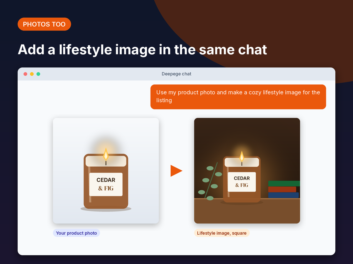 Mockup: a plain candle product photo turned into a cozy lifestyle image on a wooden shelf in the same chat