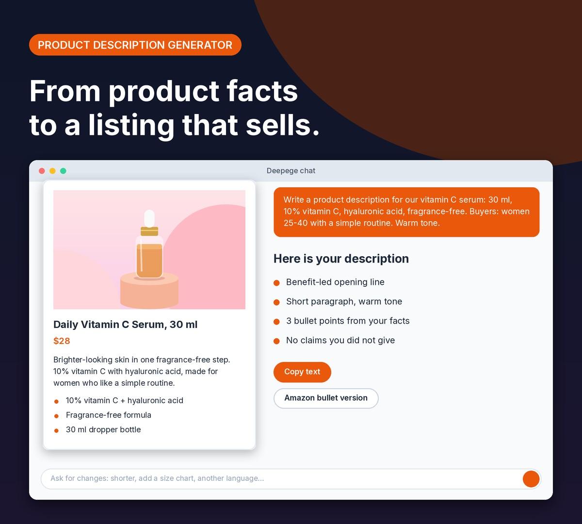 Deepege chat mockup: product facts for a vitamin C serum turned into a store listing with a short paragraph and 3 bullets