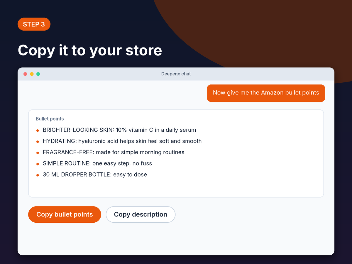 Step 3 mockup: five Amazon-style bullet points for the serum with Copy bullet points and Copy description buttons