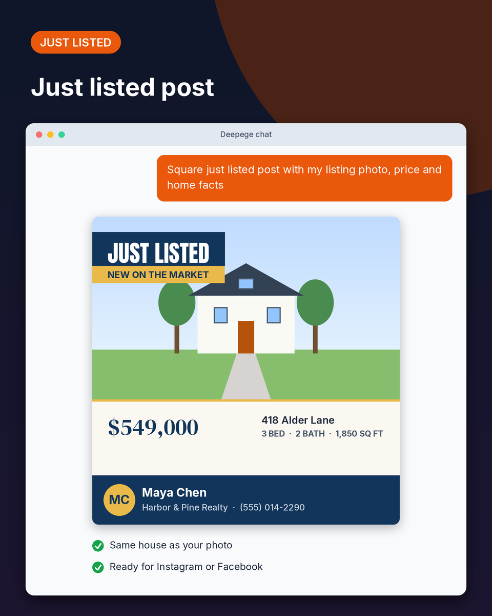 Just listed example: a square social post with the house photo, price, address and home facts
