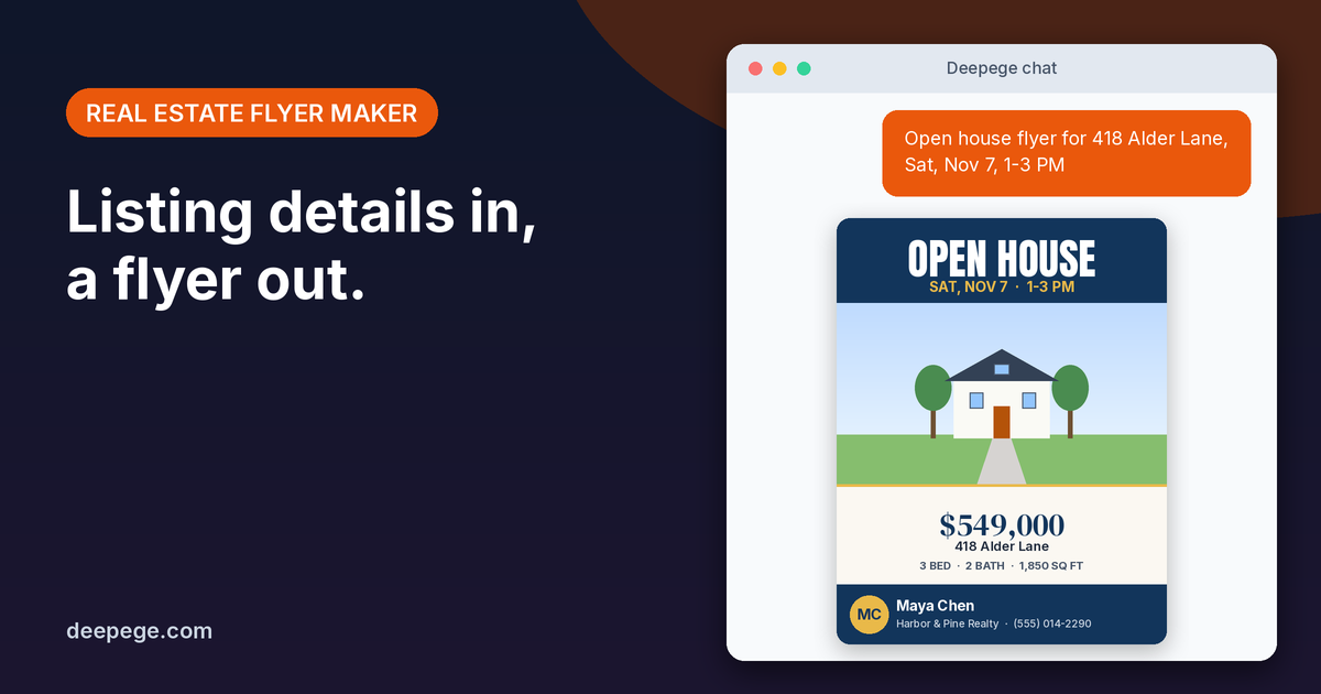 Deepege chat mockup: an open house request for 418 Alder Lane and the finished navy and gold real estate flyer