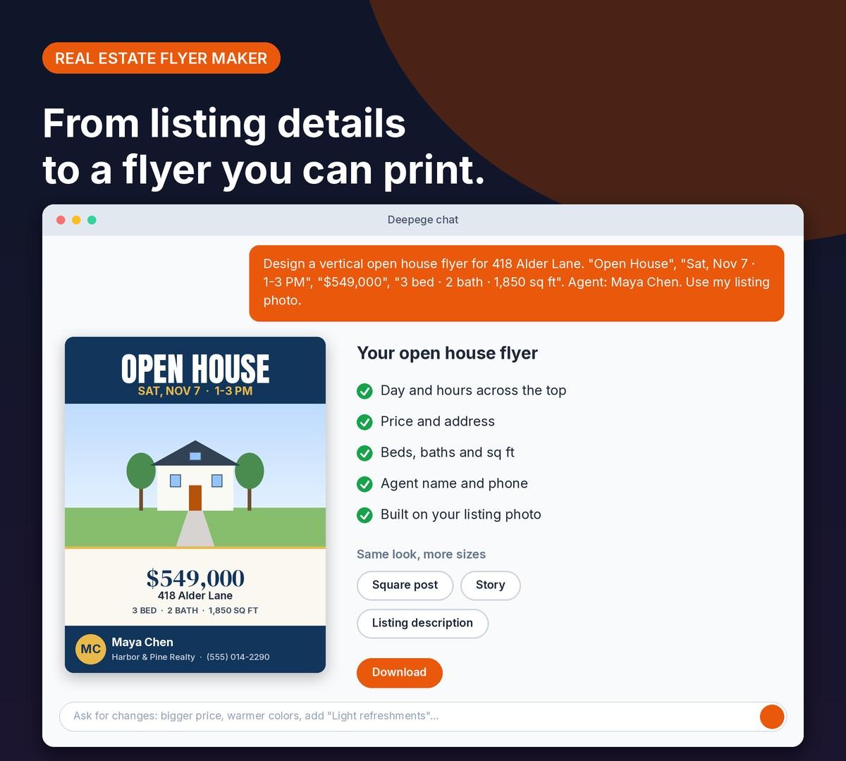 Deepege chat mockup: listing details for an open house and a vertical flyer with the date, price, home facts and agent