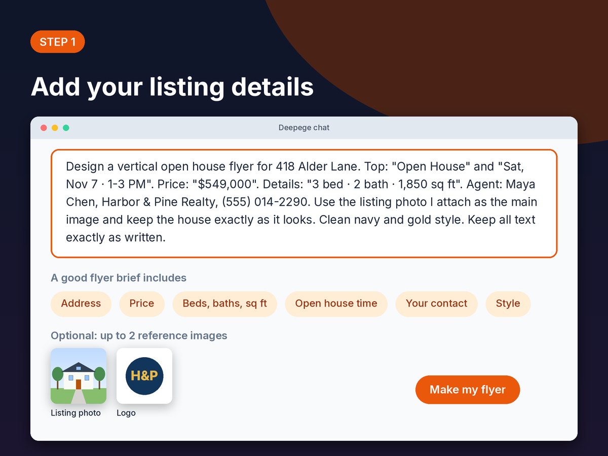 Step 1 mockup: typing an address, price, open house time and agent details into the Deepege chat box