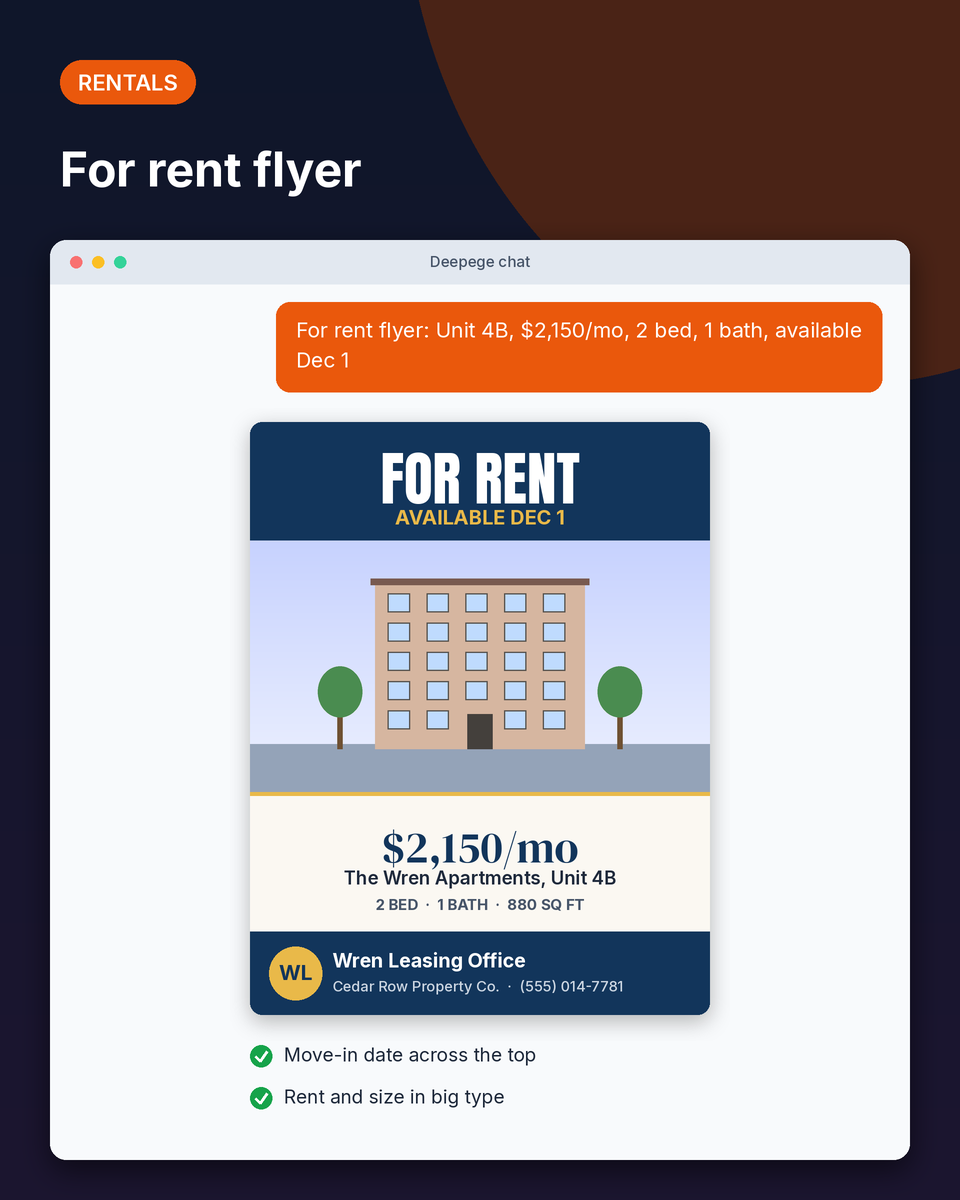Rental example: a vertical for rent flyer for a 2 bedroom apartment at $2,150 a month, available Dec 1