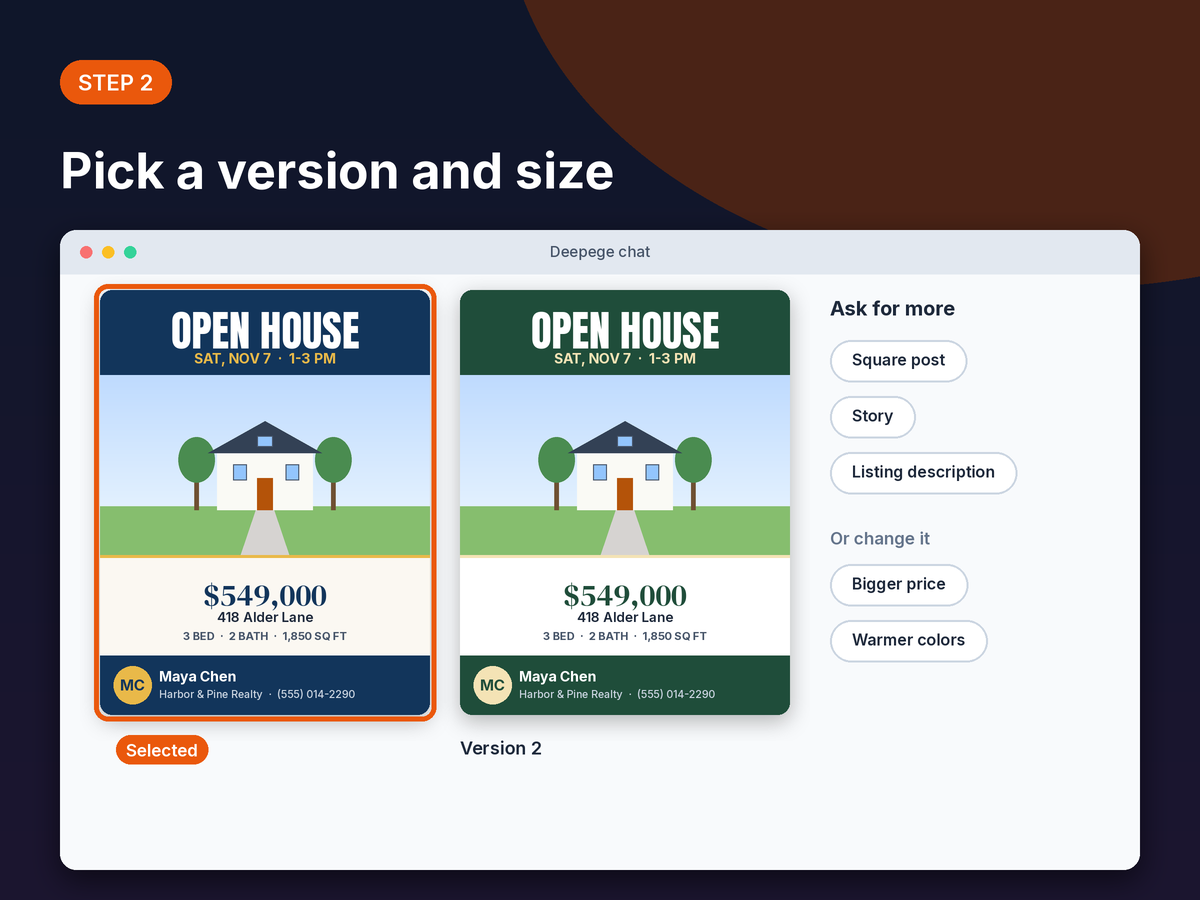 Step 2 mockup: two open house flyer versions and buttons to ask for a square post, a story or listing copy