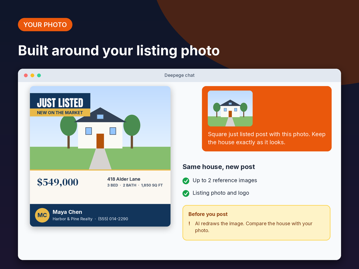 Mockup: a listing photo attached in the chat and a square just listed post built around the same house