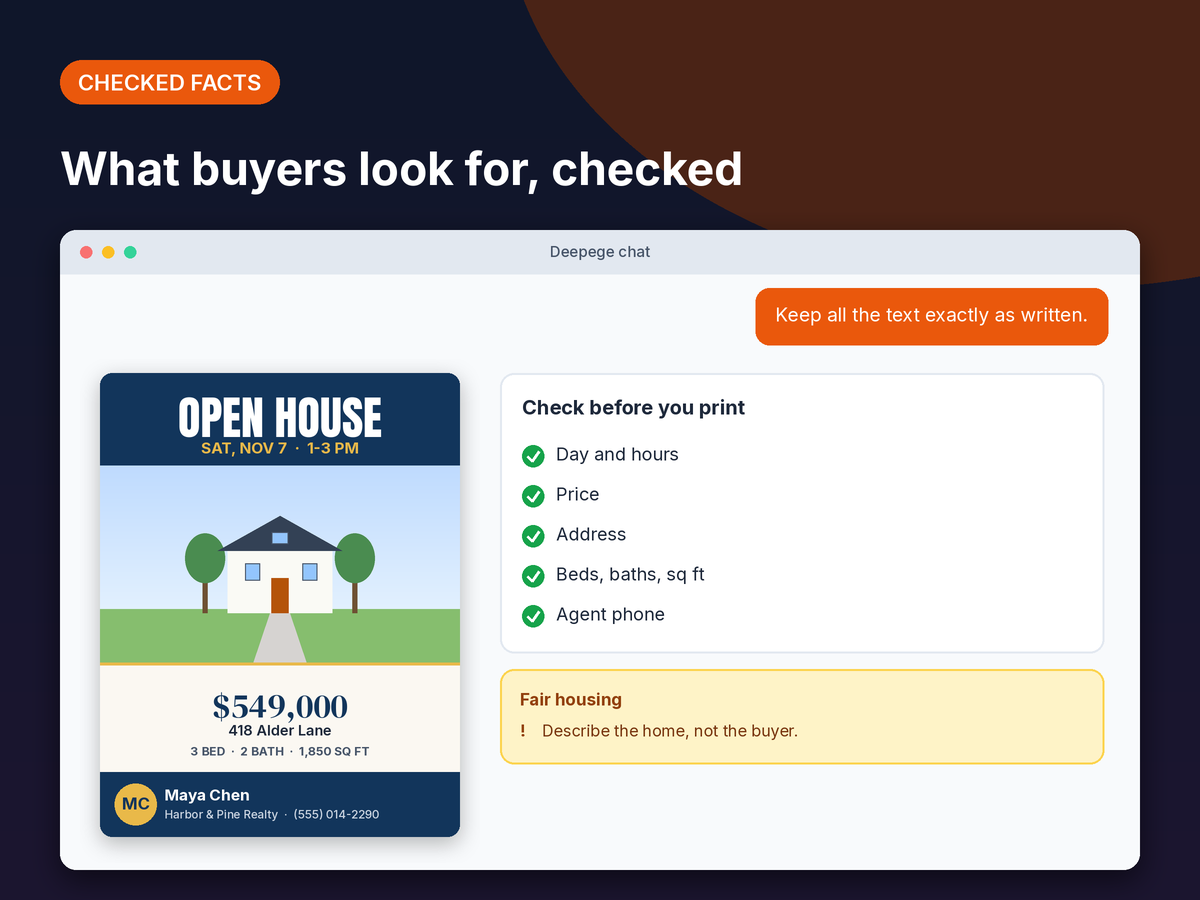 Mockup: a flyer next to a checklist for the price, address, open house hours, home facts and agent contact