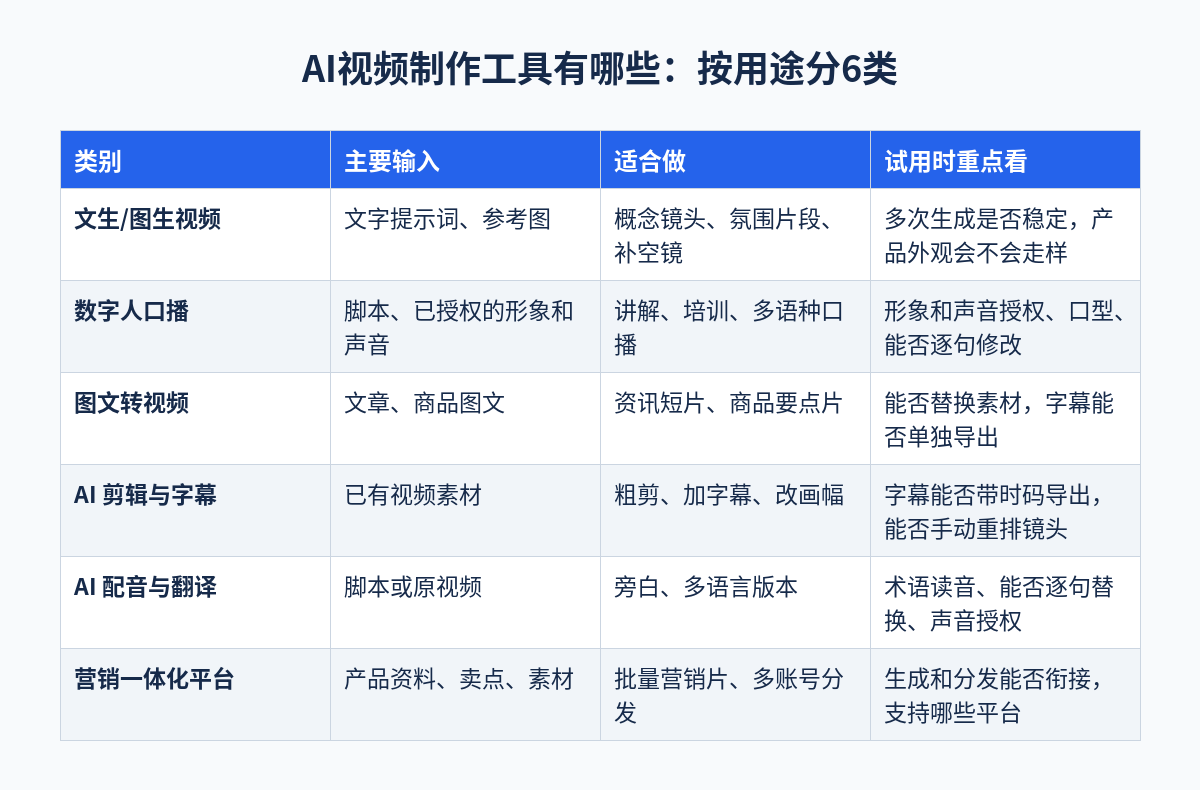 AI视频制作工具6类用途对比：输入、适合场景与试用重点