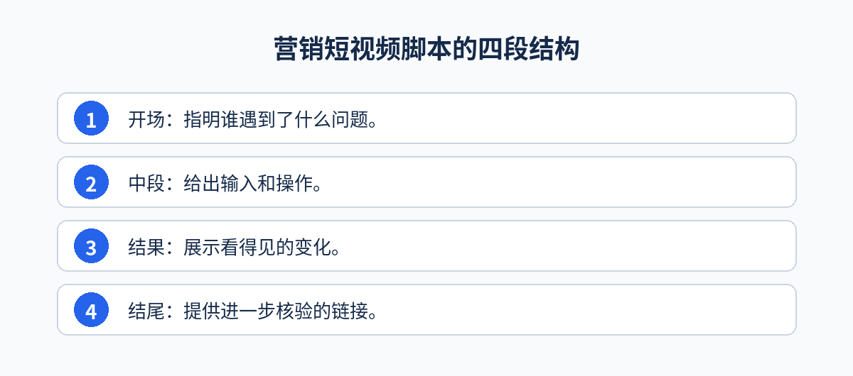 营销短视频脚本的四段结构步骤图:开场、中段、结果、结尾