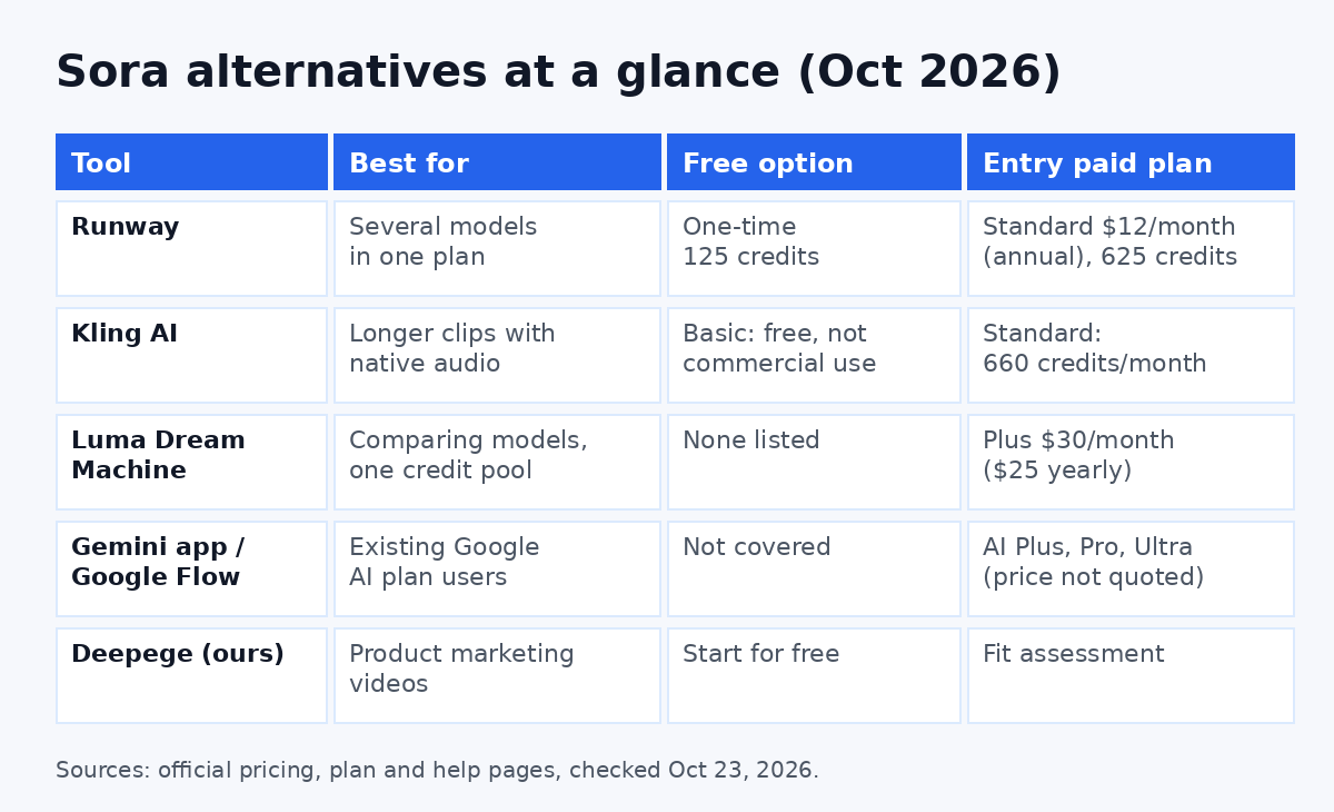 Sora alternatives comparison table: free option, entry paid plan and credit notes for Runway, Kling AI, Luma and Google Flow