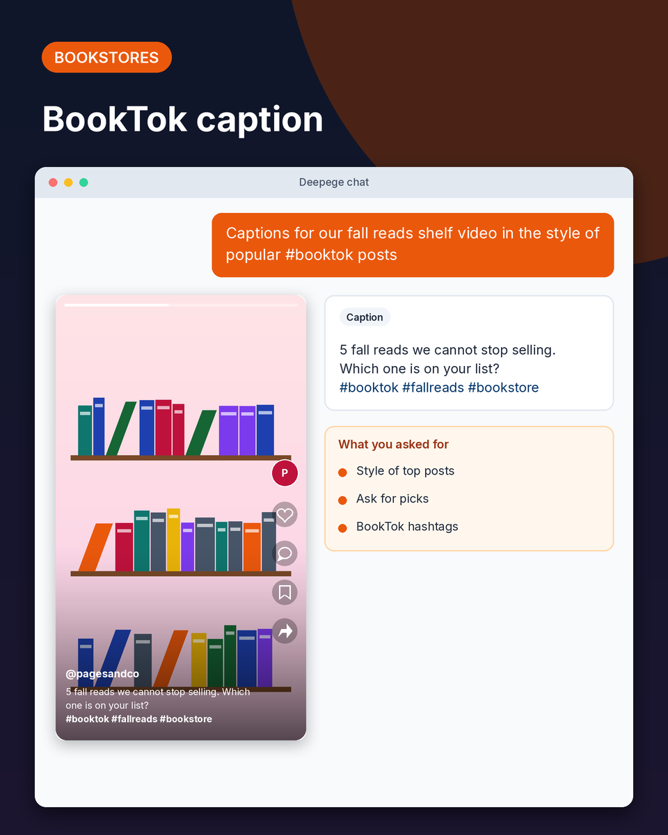 Bookstore example: a TikTok of a shelf of fall reads with a caption asking followers for their pick