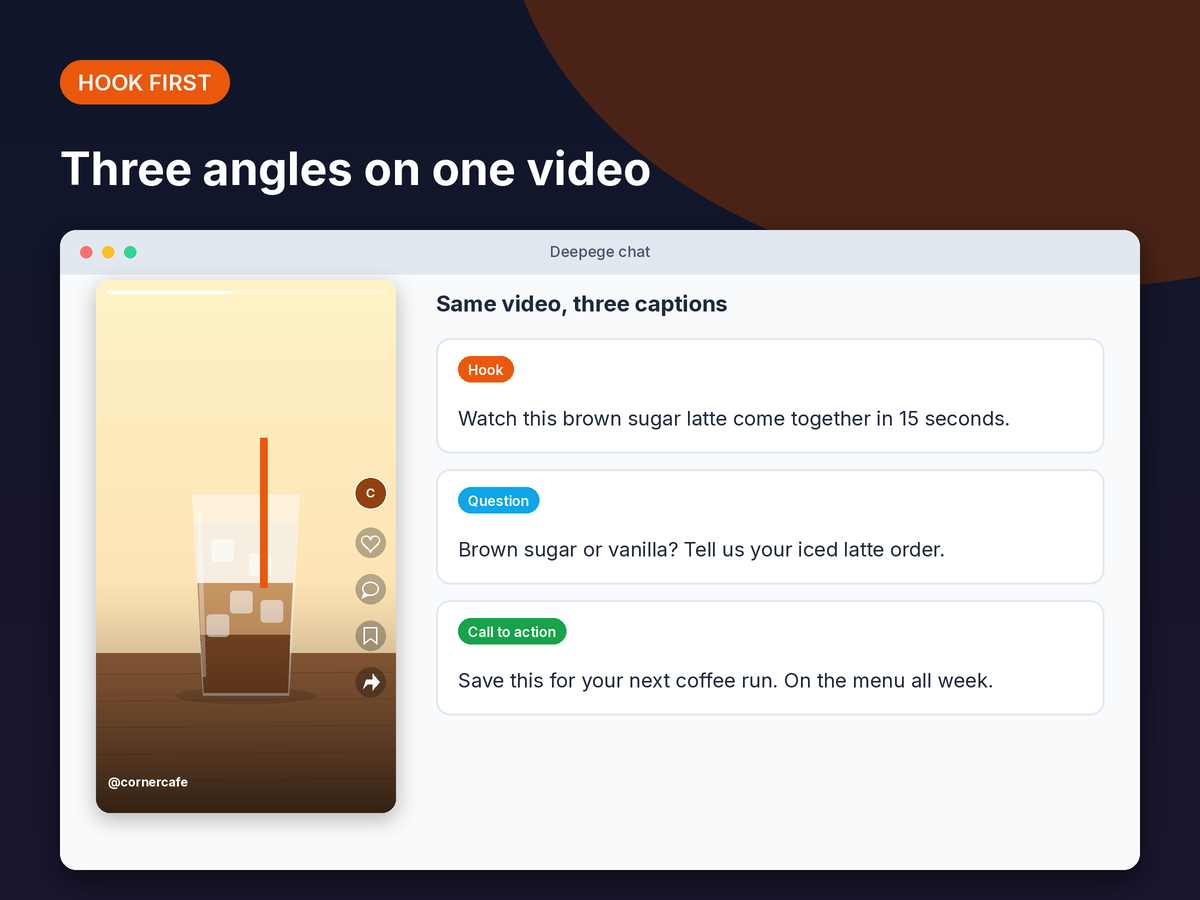 Mockup: one latte video with three TikTok captions labeled hook, question and call to action