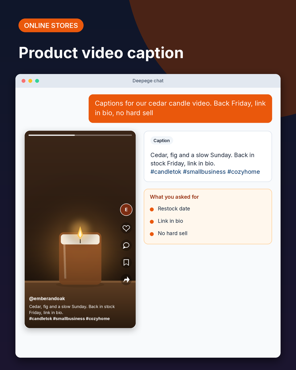 Online store example: a TikTok of a lit cedar candle with a caption about the Friday restock and link in bio