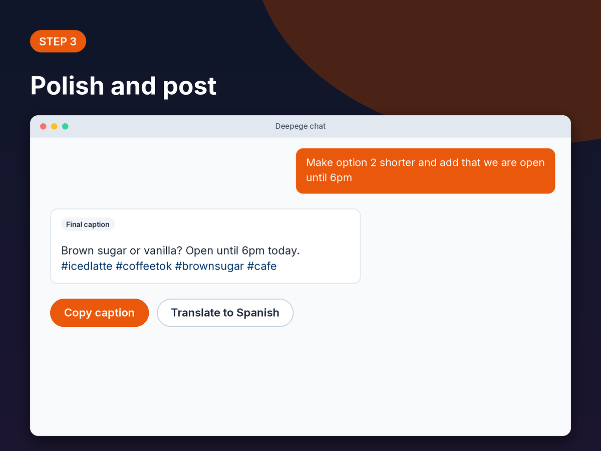 Step 3 mockup: asking for a shorter caption with opening hours and getting the final version to copy