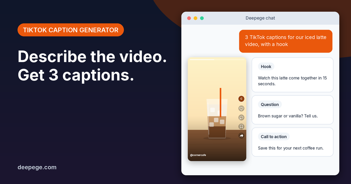 Deepege chat mockup: a latte video brief turned into a vertical TikTok preview and three caption options