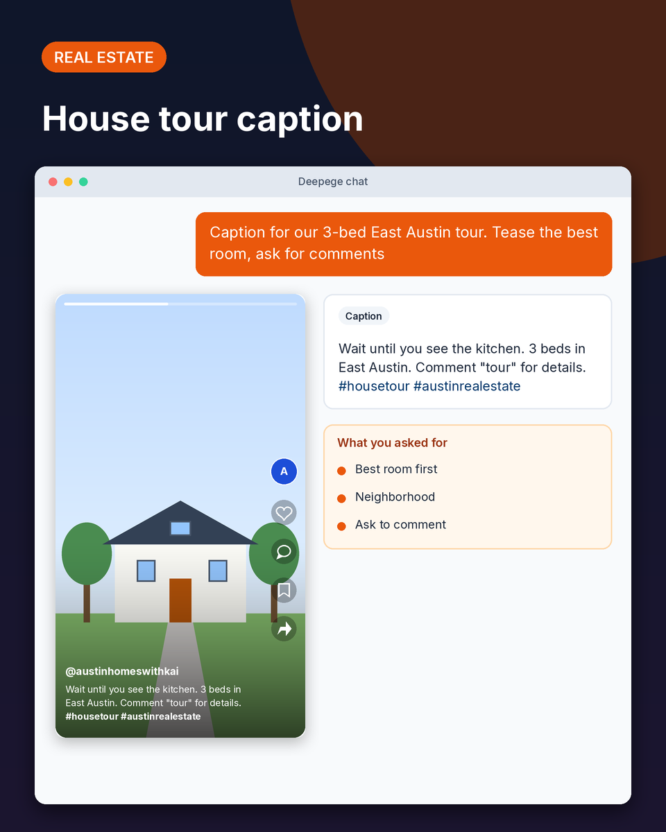 Real estate example: a TikTok house tour of a three-bedroom home with a caption asking viewers to comment tour