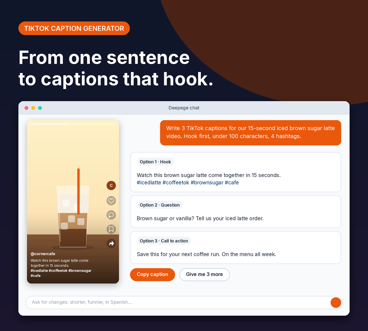 Deepege chat mockup: a café TikTok caption request, a vertical video preview and three captions with hashtags