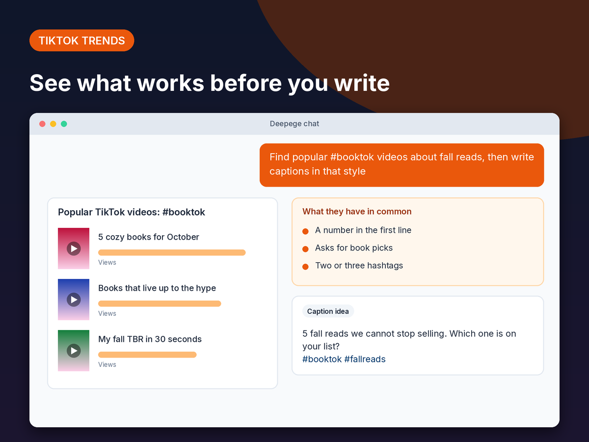 Mockup: popular #booktok videos found on TikTok in chat, what they have in common, and a caption idea