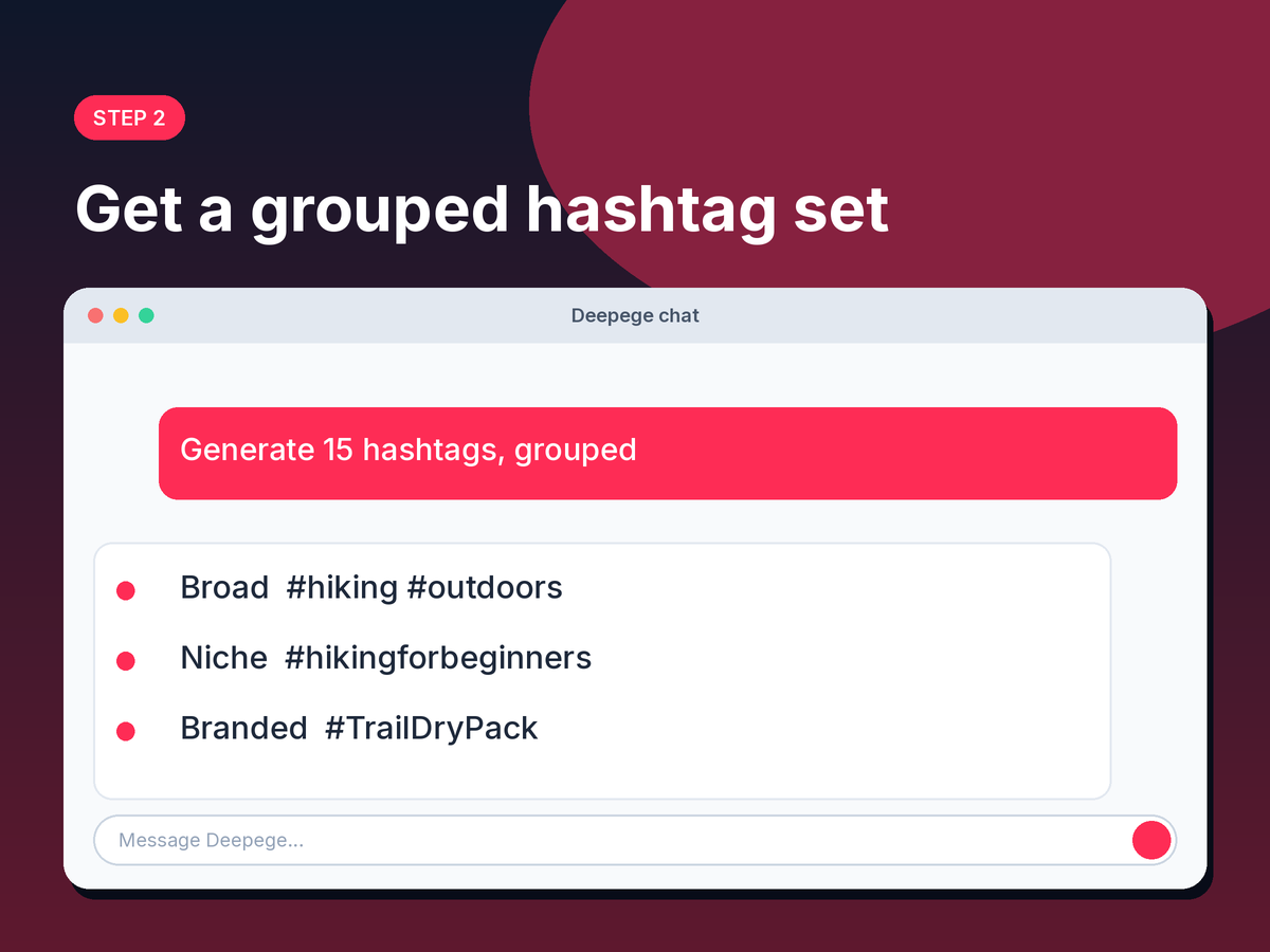 Step 2 mockup: hashtags returned in broad, niche and branded groups