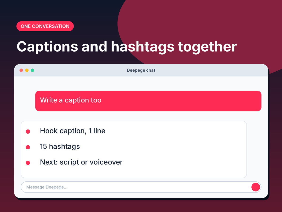 Mockup showing a caption and hashtag set generated in the same chat