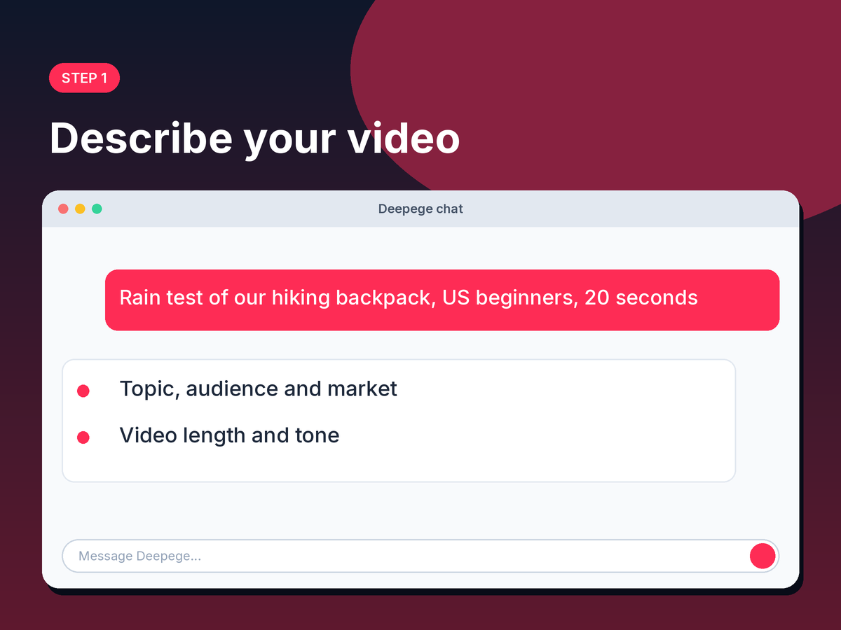 Step 1 mockup: typing a short video description into the chat box