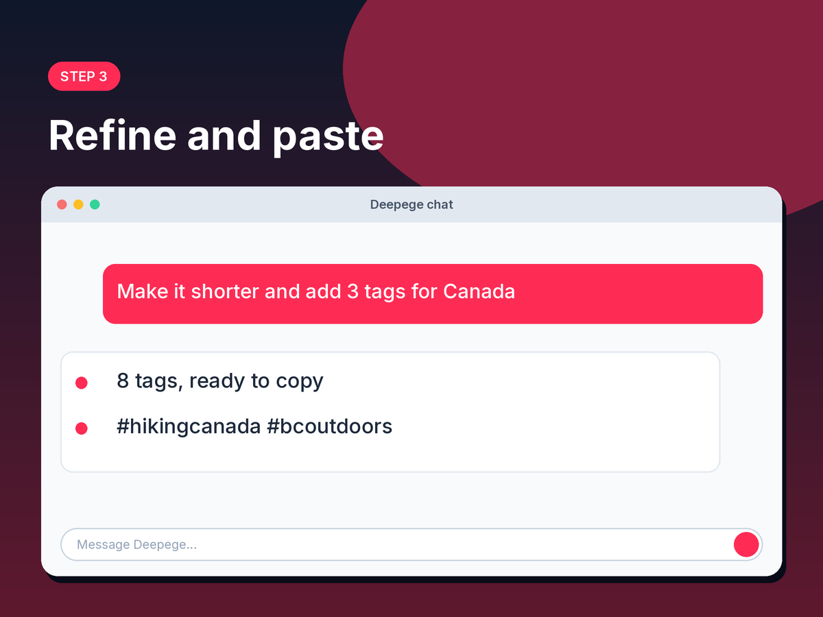 Step 3 mockup: refining the hashtag set and copying it into a caption