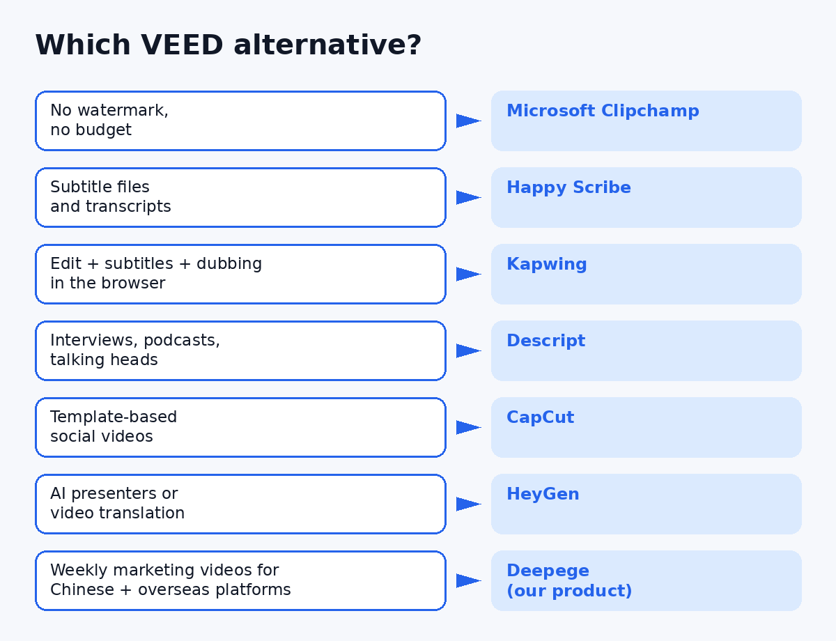 Decision guide: which VEED alternative to pick for no watermark, subtitles, text-based editing, AI avatars or translation