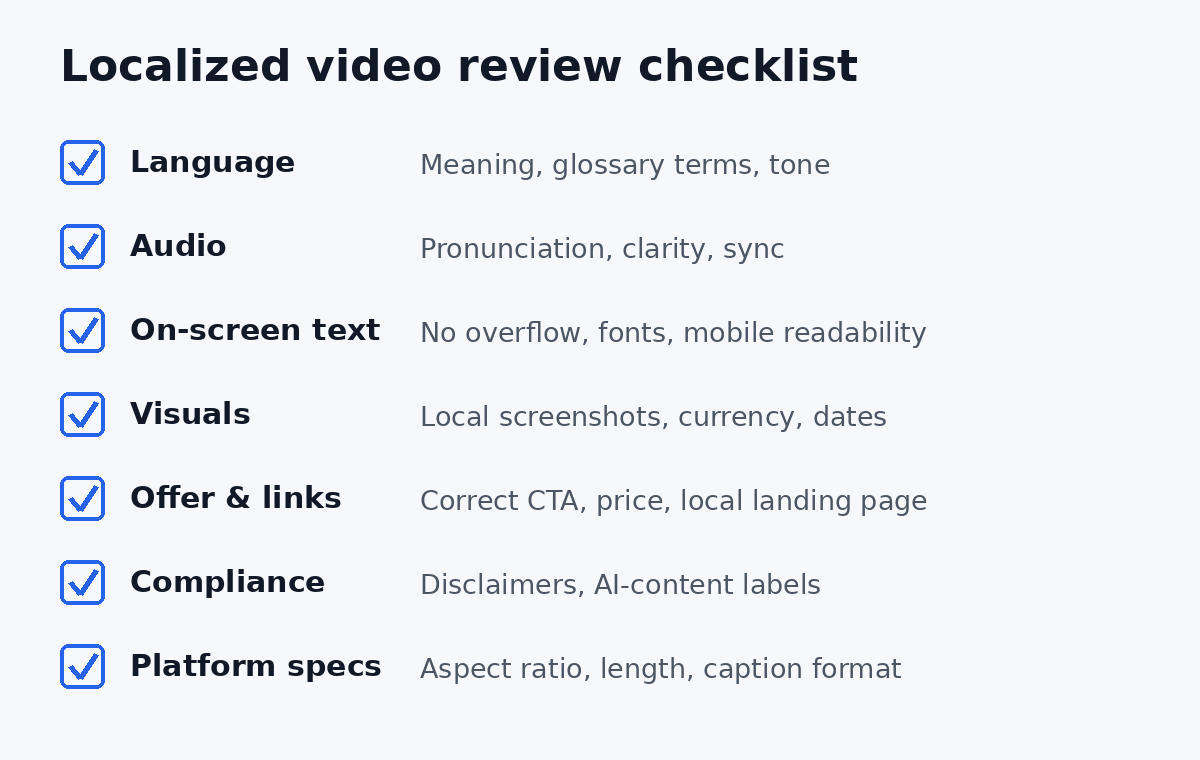 Video localization review checklist covering language, audio, visuals and compliance