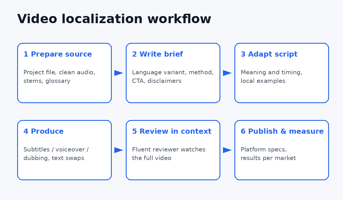 Six-step video localization workflow from source prep to publishing