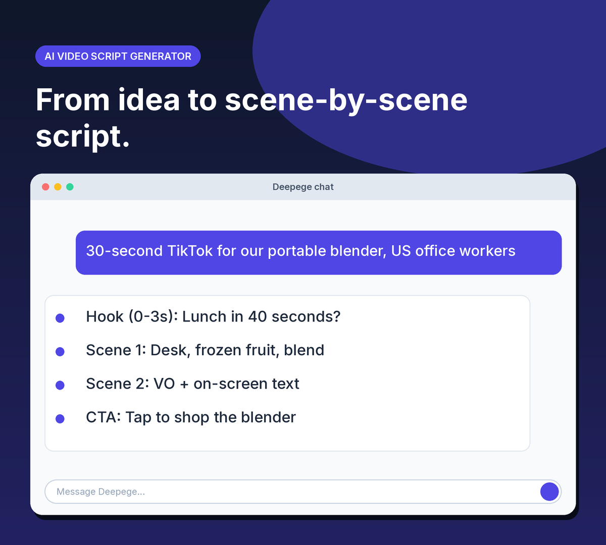 Deepege chat mockup: a portable blender brief turned into a scene-by-scene TikTok script with hook and CTA