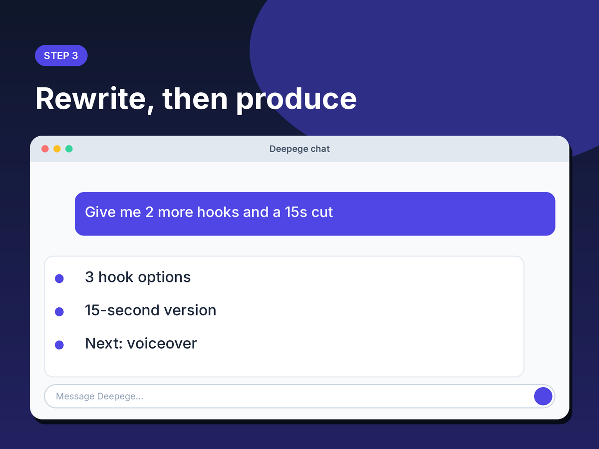 Step 3 mockup: requesting alternative hooks and a shorter cut of the script