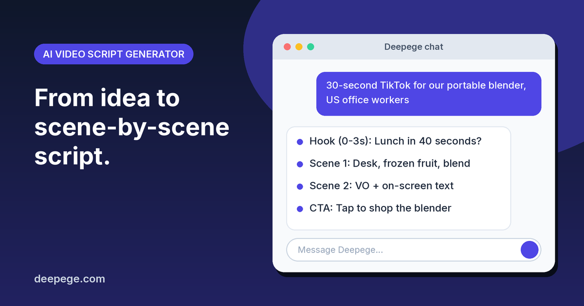 Deepege chat mockup: a portable blender brief turned into a scene-by-scene TikTok script with hook and CTA