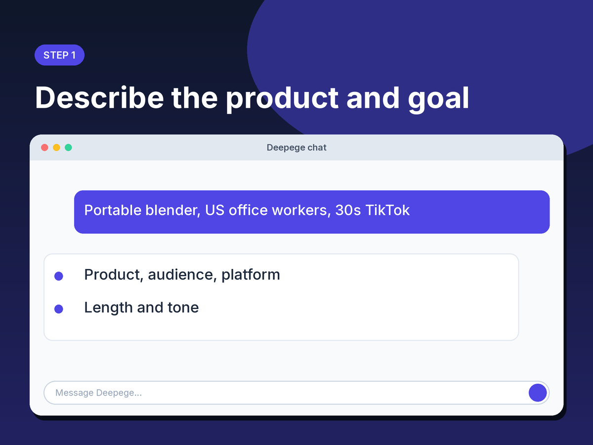 Step 1 mockup: entering a product, audience and video length