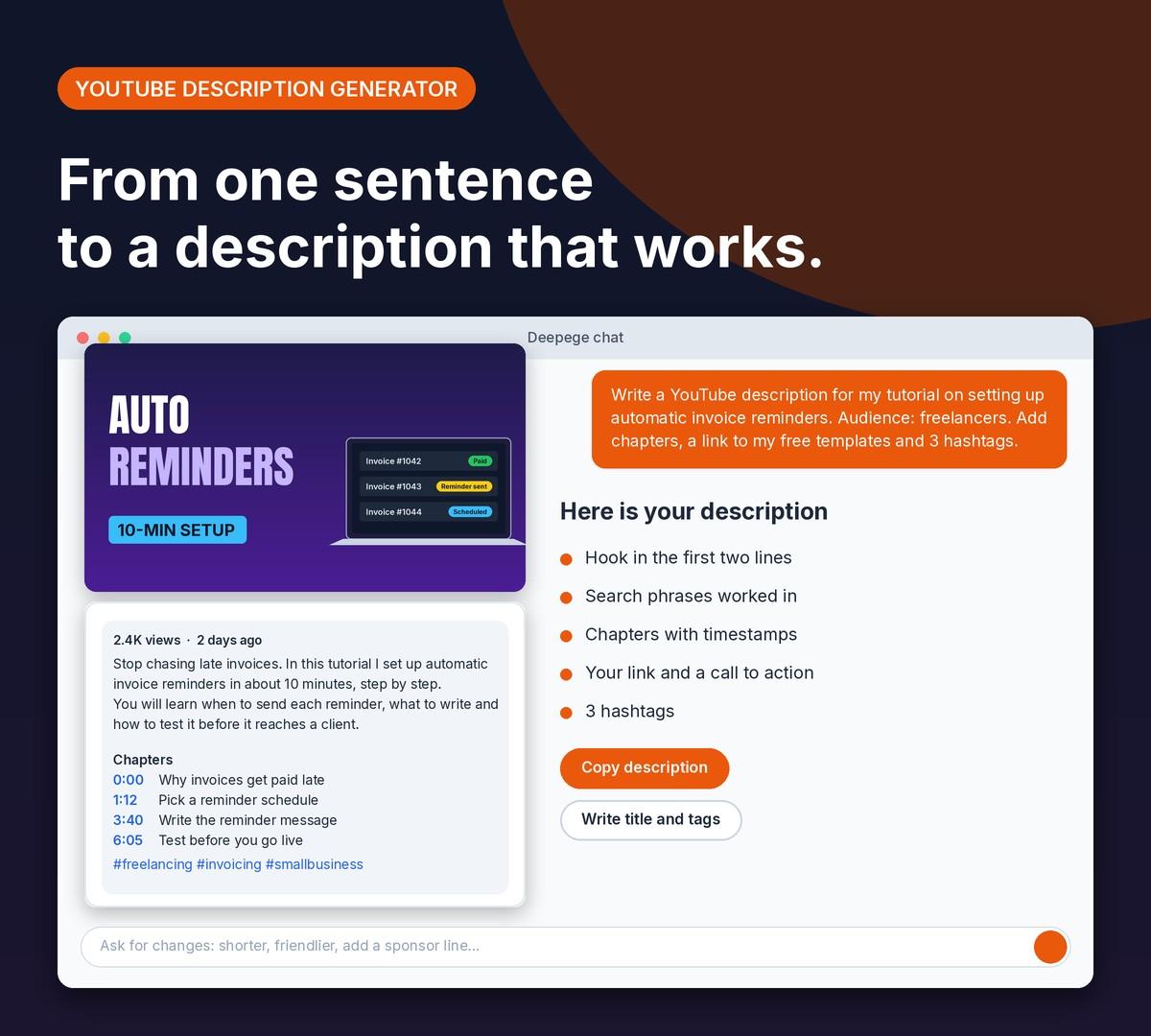 Deepege chat mockup: a YouTube description request and the finished description with chapters, a link and hashtags