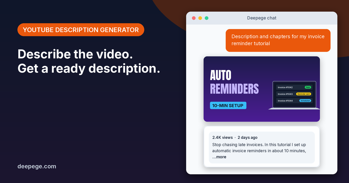 Deepege chat mockup: a request for an invoice reminder tutorial description with the video thumbnail and first lines