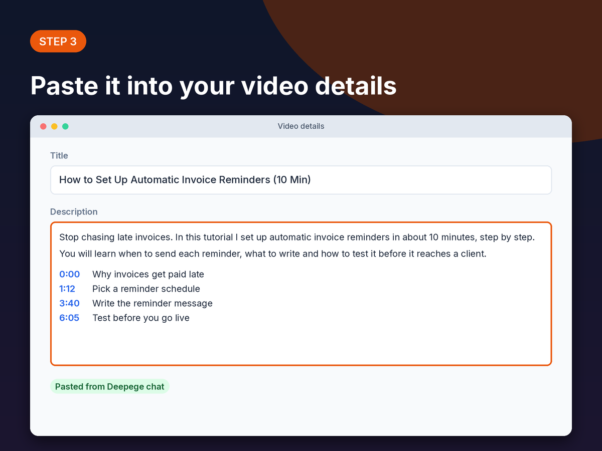 Step 3 mockup: the title and the description with chapters pasted into a video details form